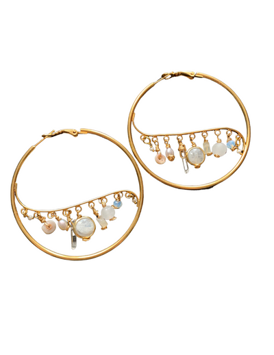 Gold Dangle Hoops with White Gems