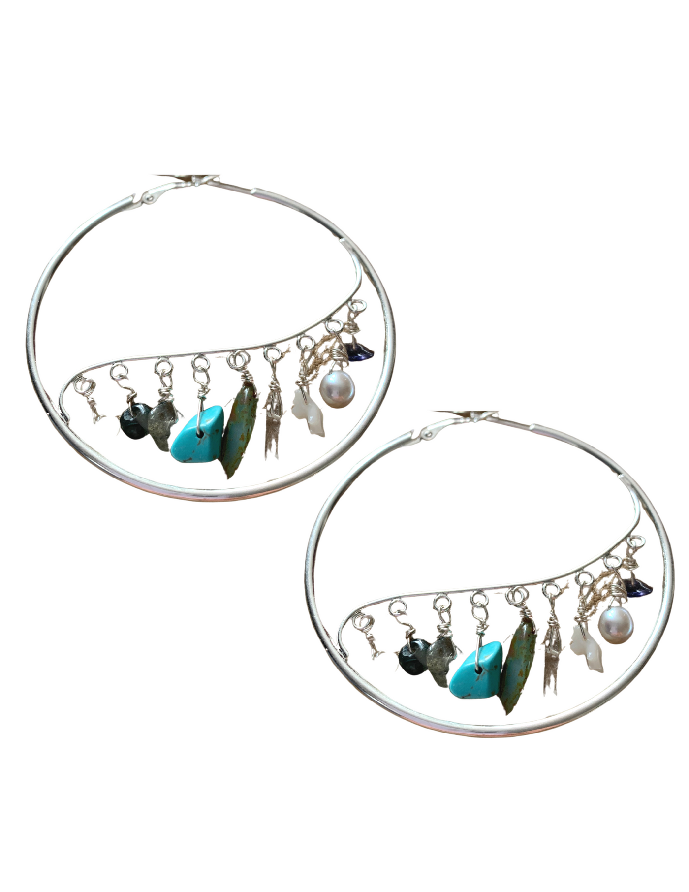 Silver Dangle Hoops with Teal Dangles.