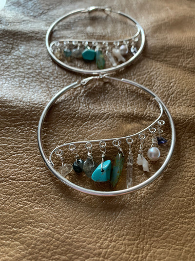 Silver Dangle Hoops with Teal Dangles.